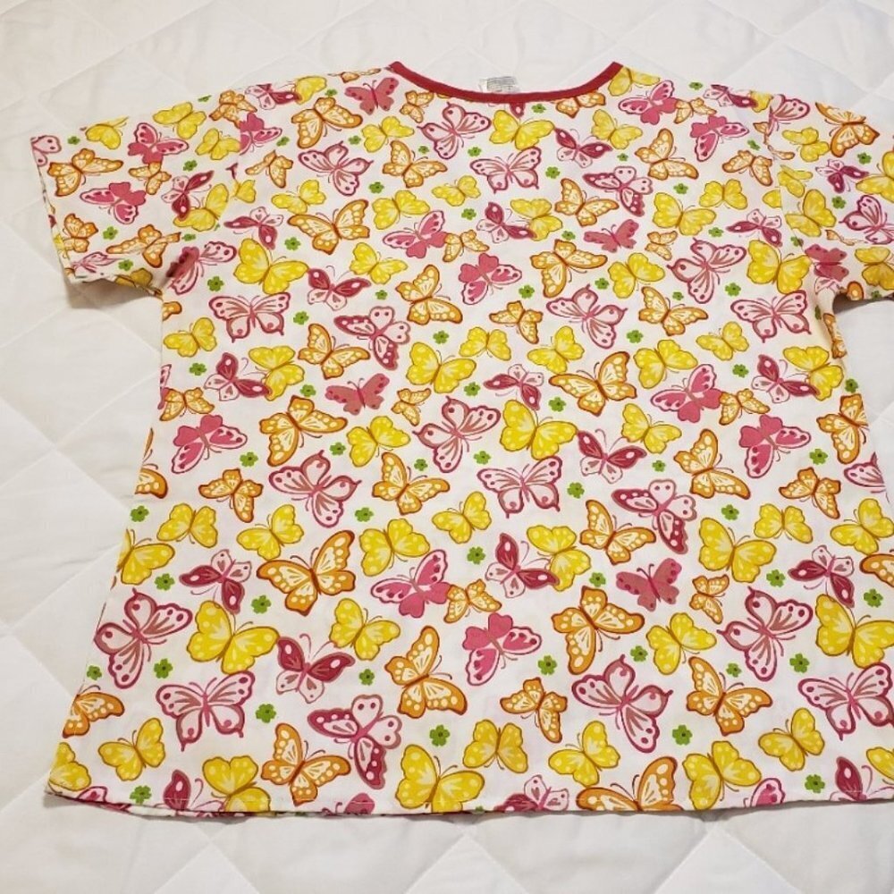 Just Love Large Scrub Top- Pink Yellow Butterflies - Picture 7 of 8